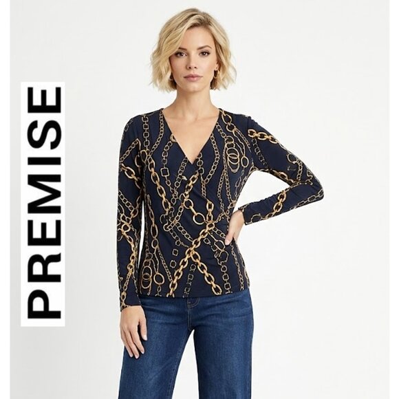 PREMISE - wrap top (navy blue/gold chain print) - Picture 1 of 9